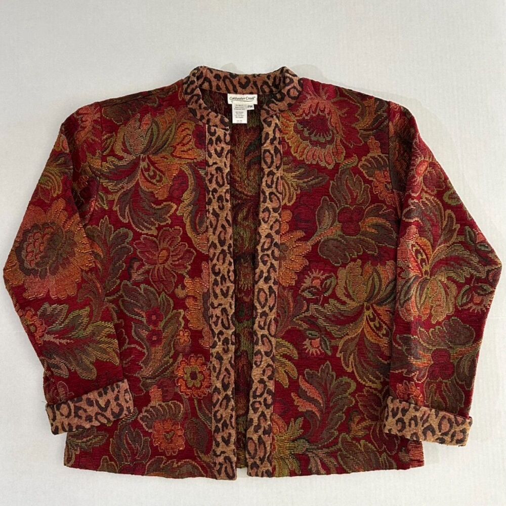 Coldwater Creek Tapestry Brocade Floral Jacket Burgundy Leopard Print Mob Wife